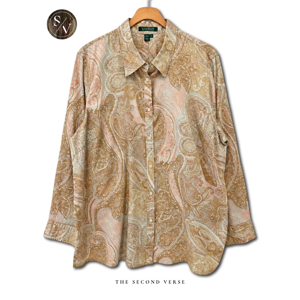 Lauren Ralph Lauren Paisley Button Down Shirt Tan Pink Cotton Womens 2X